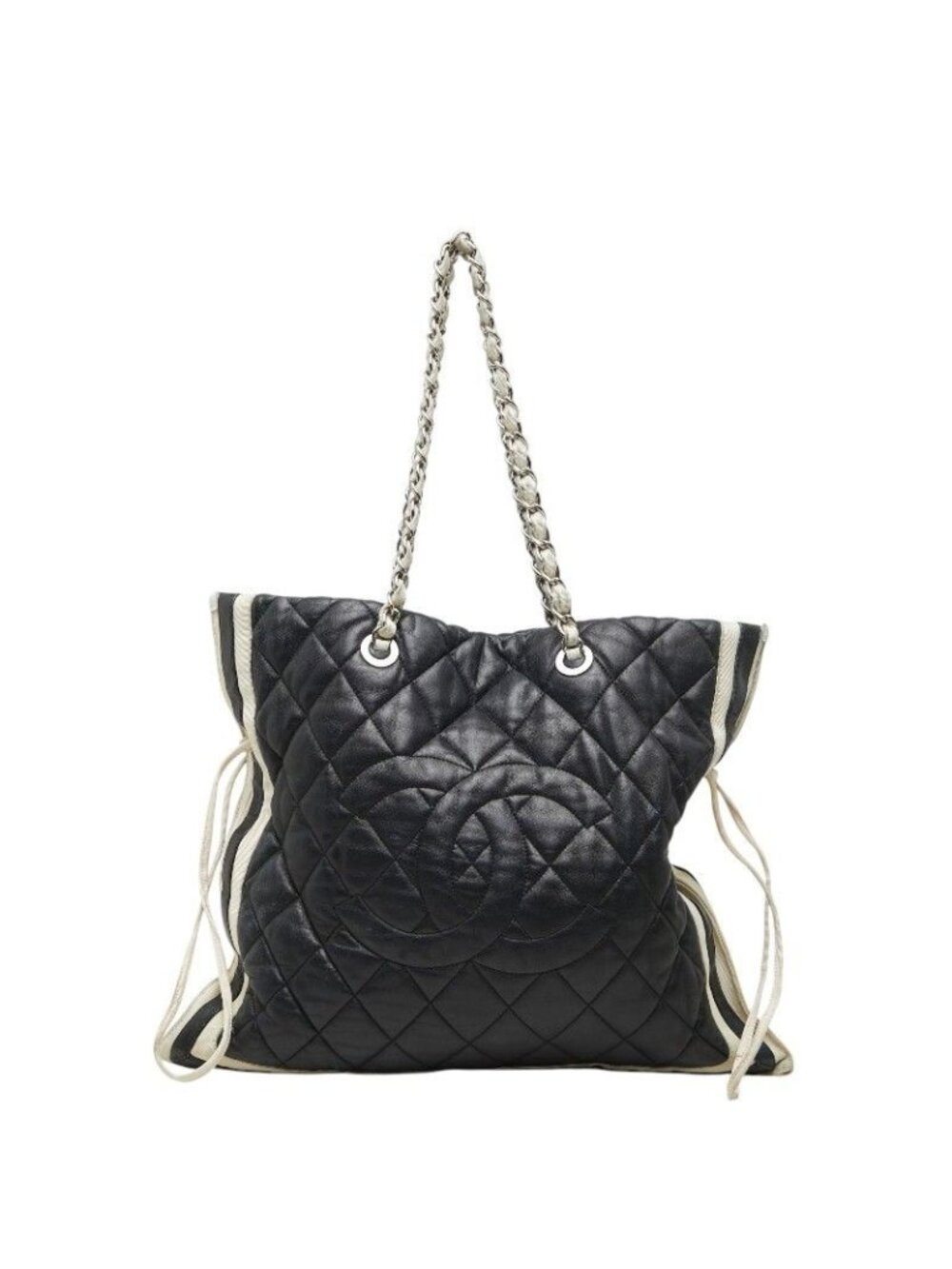 Chanel CC Logo Quilted Chain Shoulder Tote Navy Lambskin